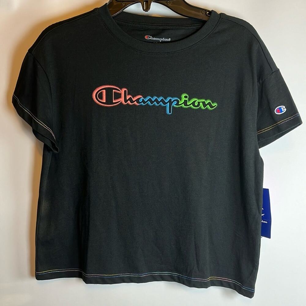 Champion Graphic Black Cotton Recycled Polyester Logo T-Shirt Size L 14T